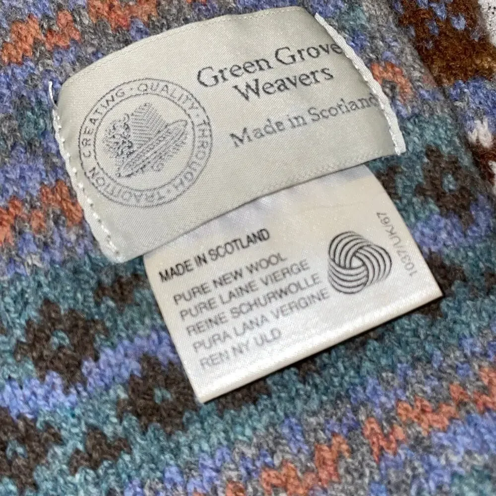 Green Grove Weavers Scarf Scotland Pure New Wool Blue Long Winter Unisex VTG